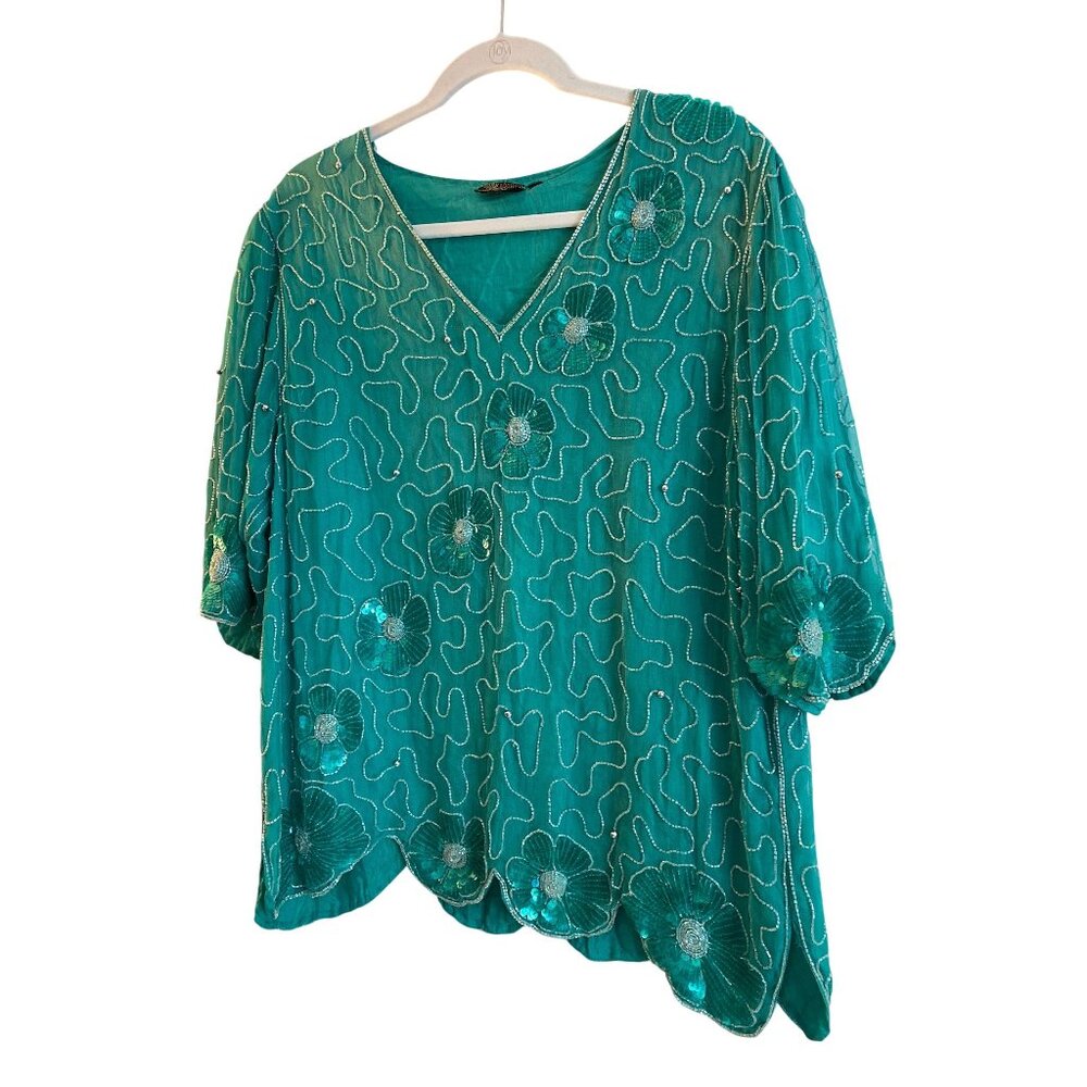 Vintage Silk Sequin Top and Skirt Set Mark and John II Green Floral Beaded